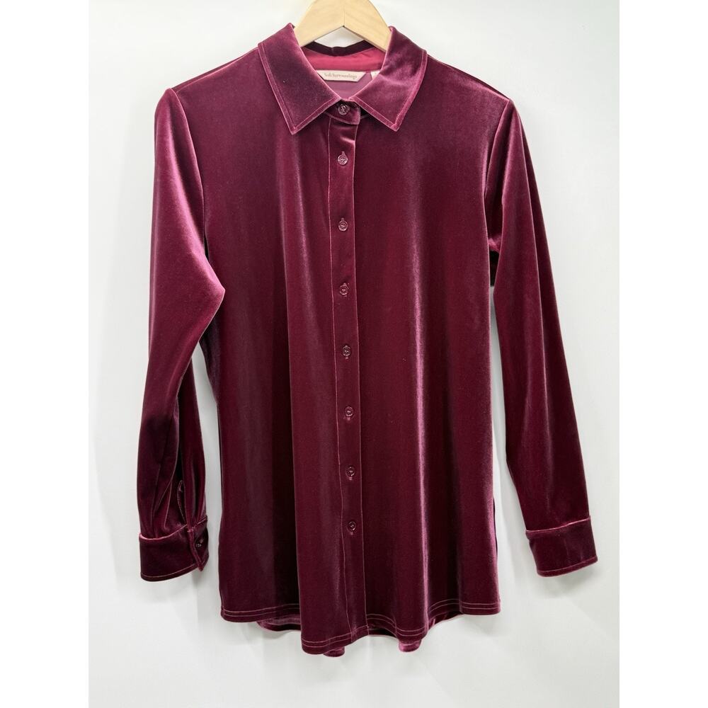 Soft Surroundings S Velvet Top Blouse Button Front Burgundy Stretch Soft - Picture 1 of 10